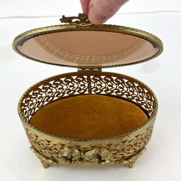 Ormolu Hollywood Regency Footed Oval Jewelry Trinket Box - Picture 3 of 8